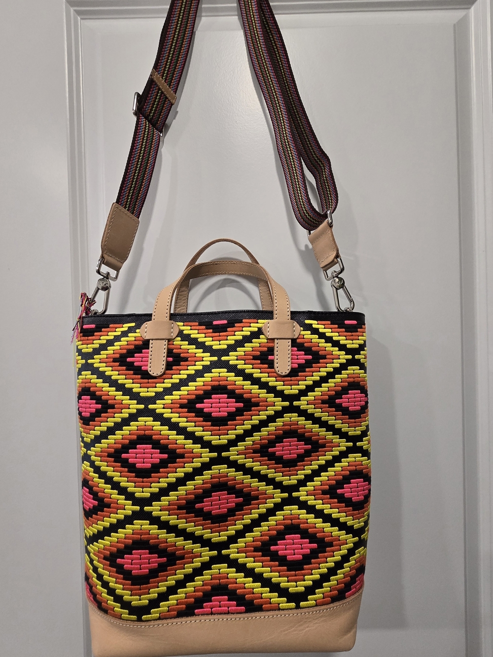 Consuela Rae Essential Tote w/Strap. Pink Yellow Black Pattern. Leather Trim.